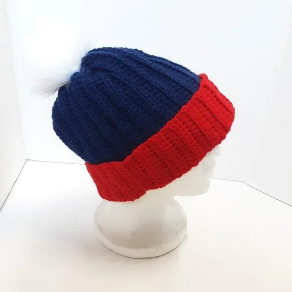 Winter Pom-Pom Beanie - Navy Red & White Football Fan Hat - 100% Acrylic New - Picture 3 of 6